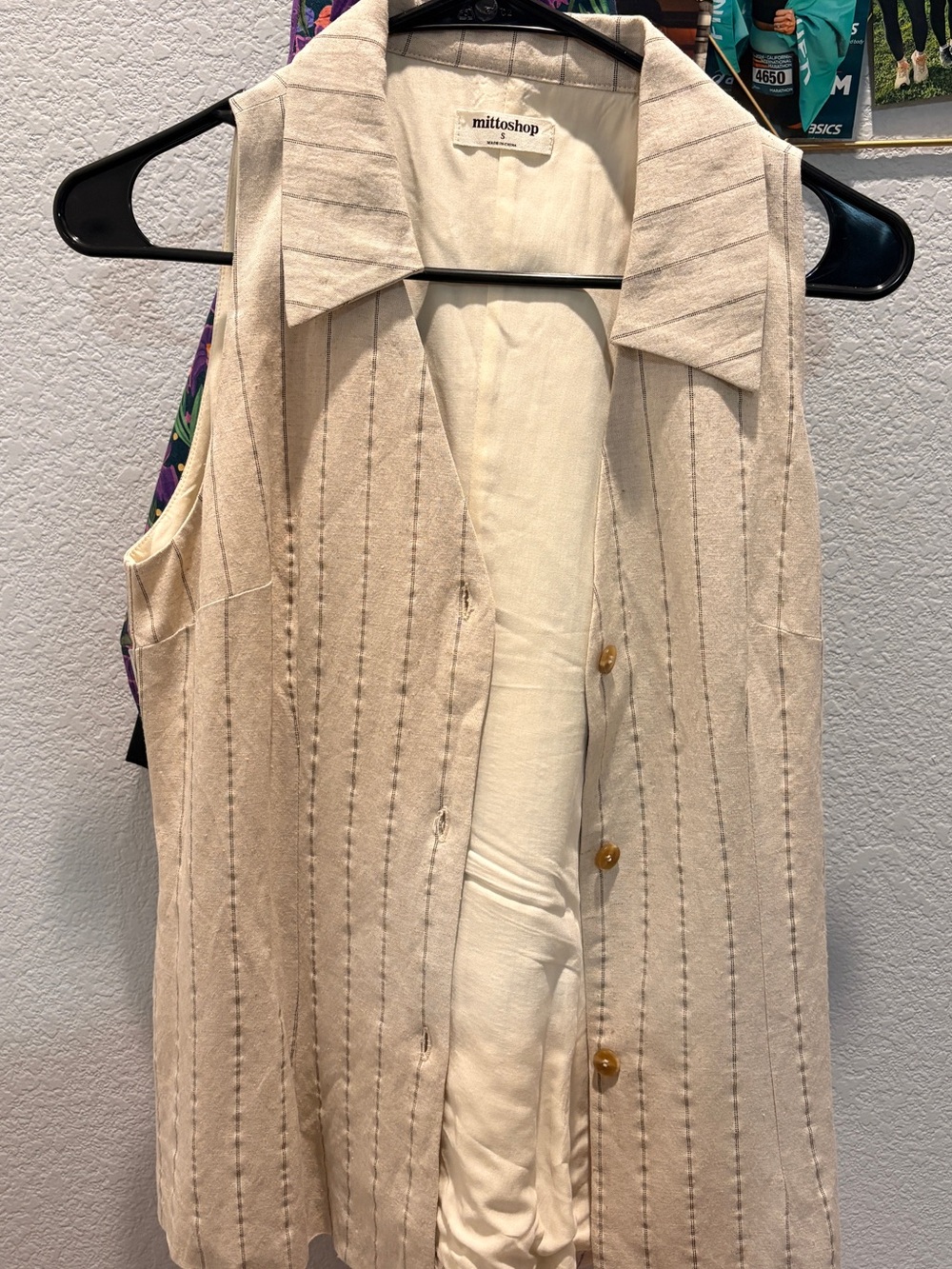 mittoshop Neutral Pinstripe Elastic-Waist Bottom and Vest Top - Size S